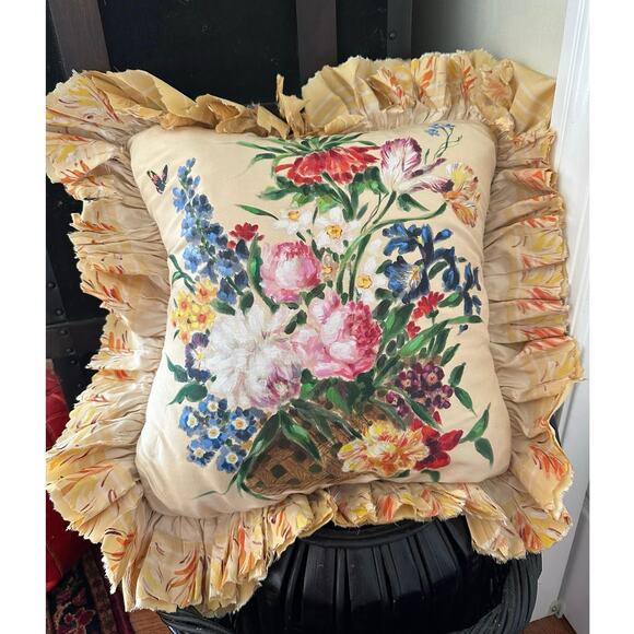 Vintage Silk Victorian Pillow Hand Painted ruffled yellow Dawn filled READ - Picture 1 of 16